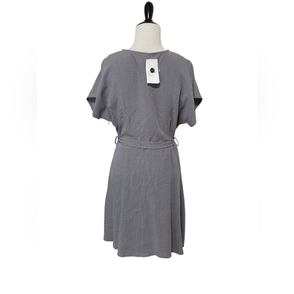 SADIE & SAGE Anthropologie gray linen mini dress, short sleeve rayon wrap V neck - Picture 4 of 6